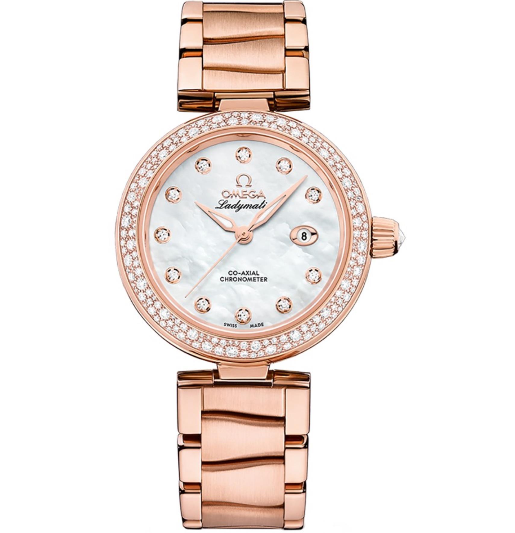 The 18k red gold fake watch is decorated with diamonds.