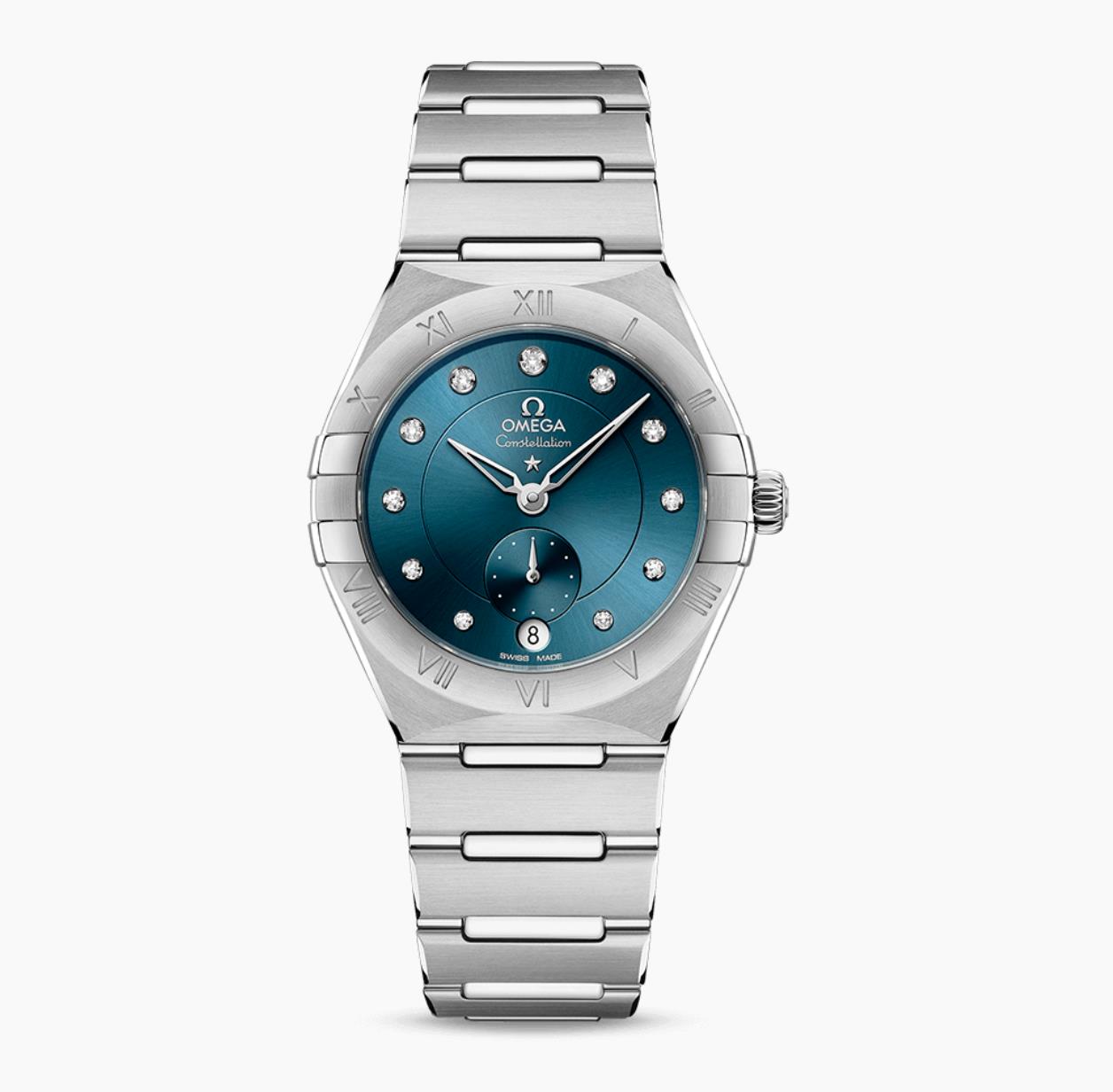 The stainless steel fake watch has diamond hour marks.